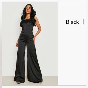 Boohoo Black Silk Jumpsuit with Feather Detailing